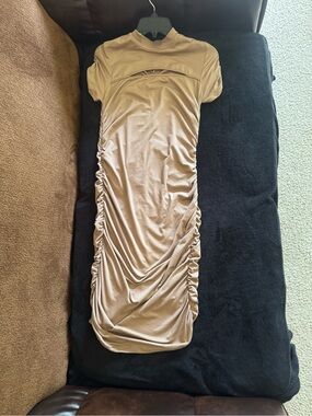 Fashion Nova Beige Ruched Midi Dress
